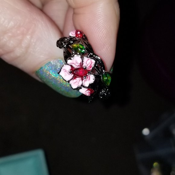 Gorgeous 925 sterling silver flower ring in black gold - size 7.5 or 9.5 - New - Picture 2 of 11